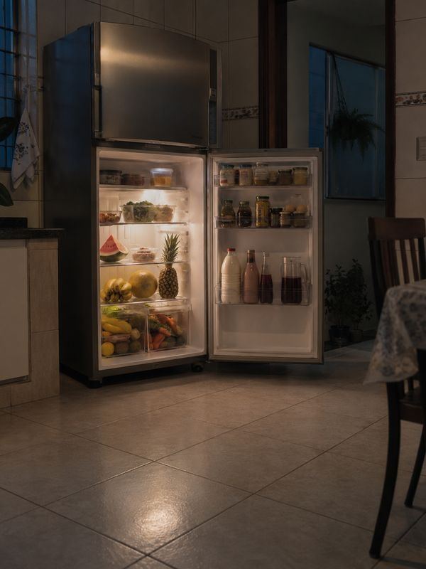 Geladeira aberta e abastecida em cozinha