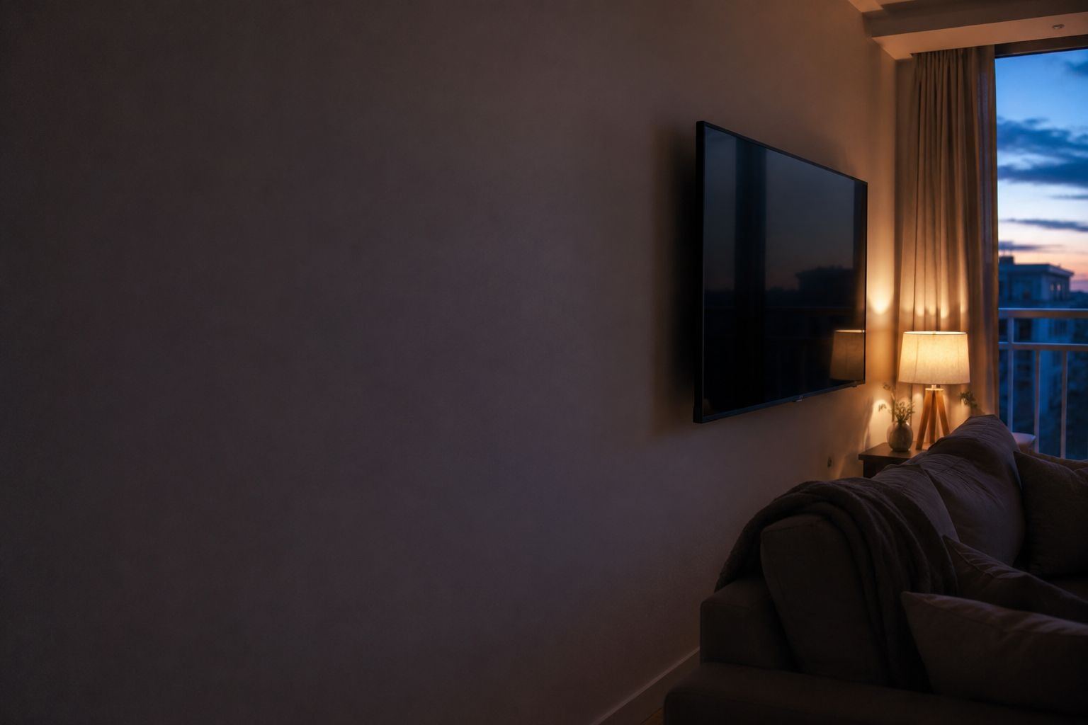 Sala de estar com televisão grande ao entardecer
