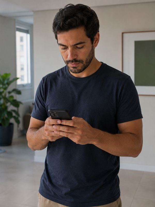 Homem olhando para smartphone em apartamento
