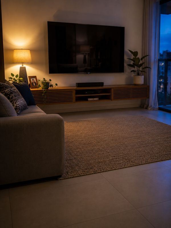 Sala de estar ao entardecer com televisão na parede