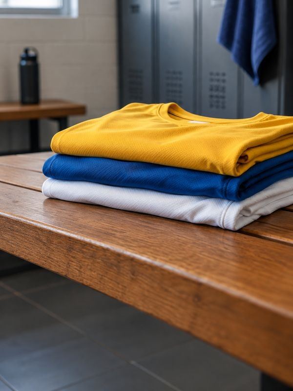 Camisas esportivas dobradas em banco de vestiário