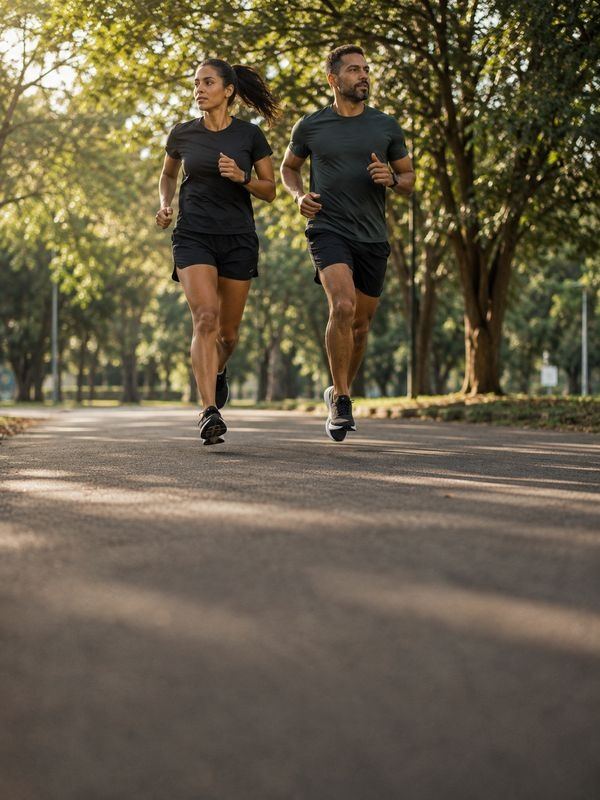 Duas pessoas correndo em um parque arborizado