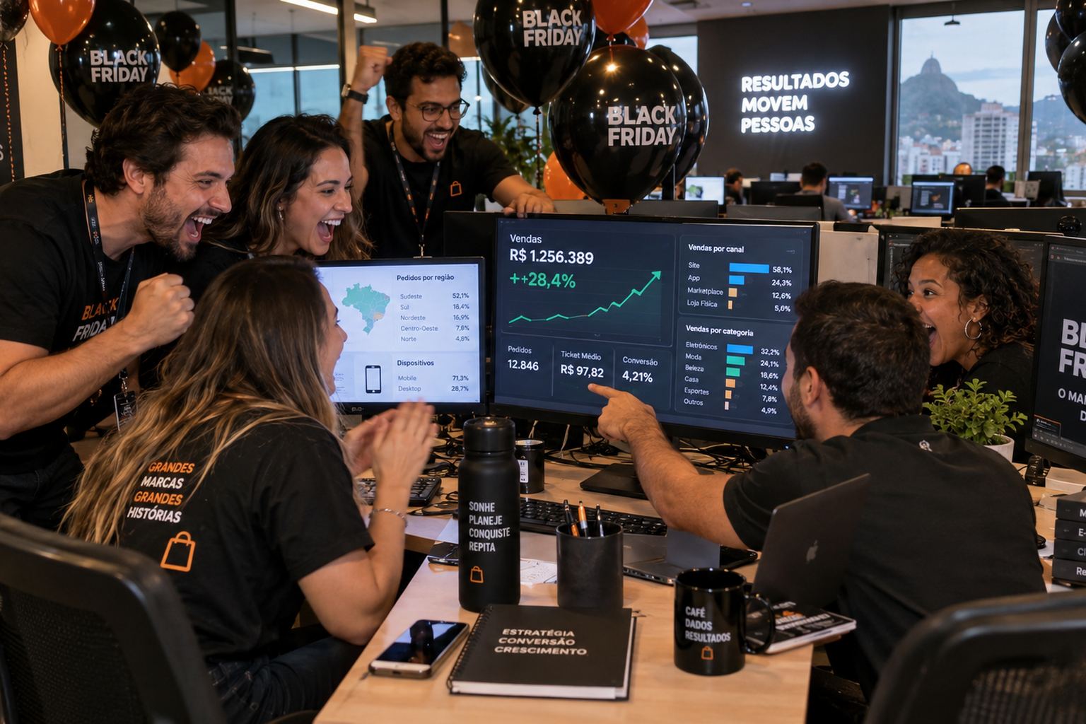 Time de e-commerce comemorando diante de painéis com vendas da Black Friday em tempo real