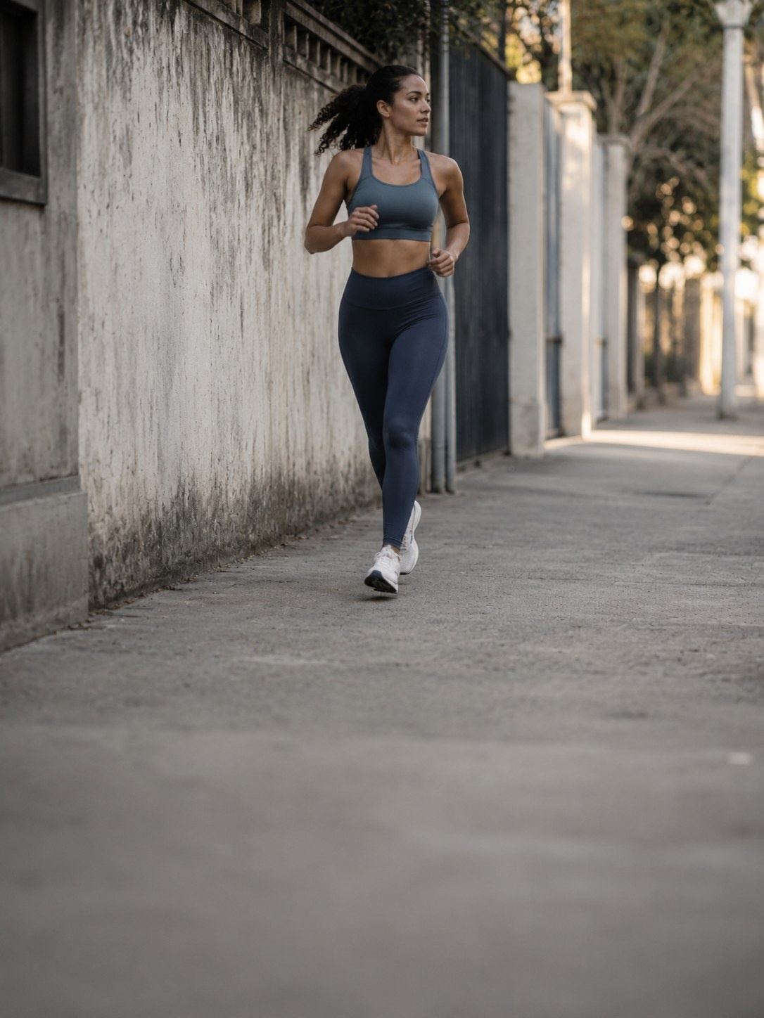 Pessoa vestindo conjunto de vestuário esportivo em ambiente urbano