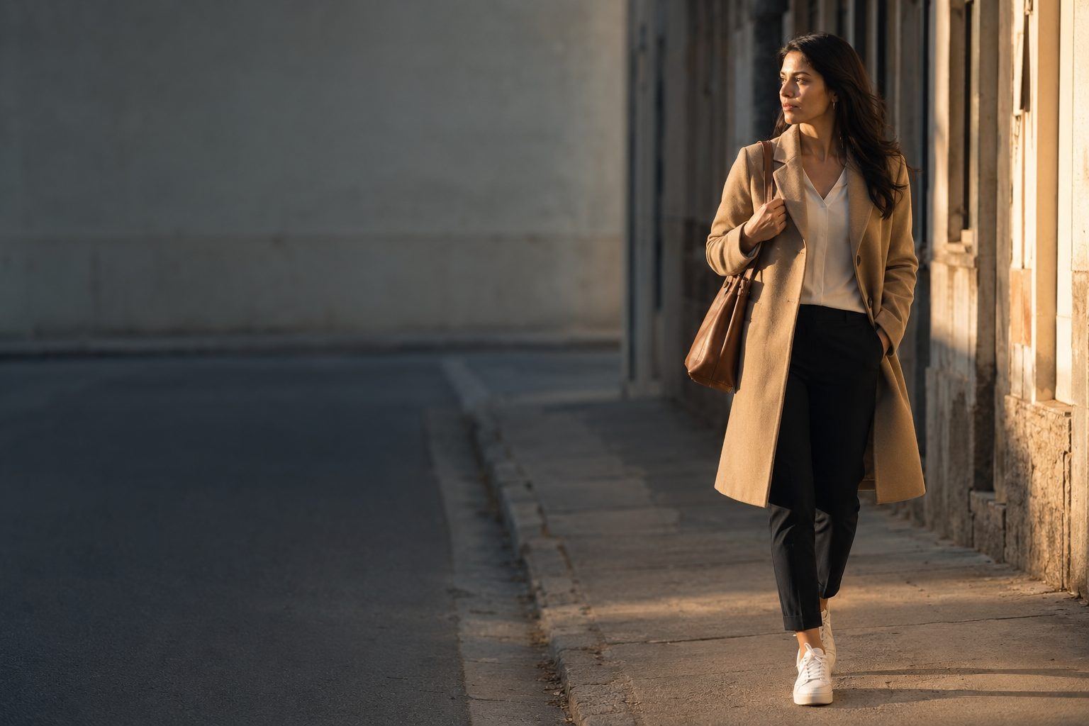 Mulher com look de moda urbana em rua brasileira ao fim da tarde