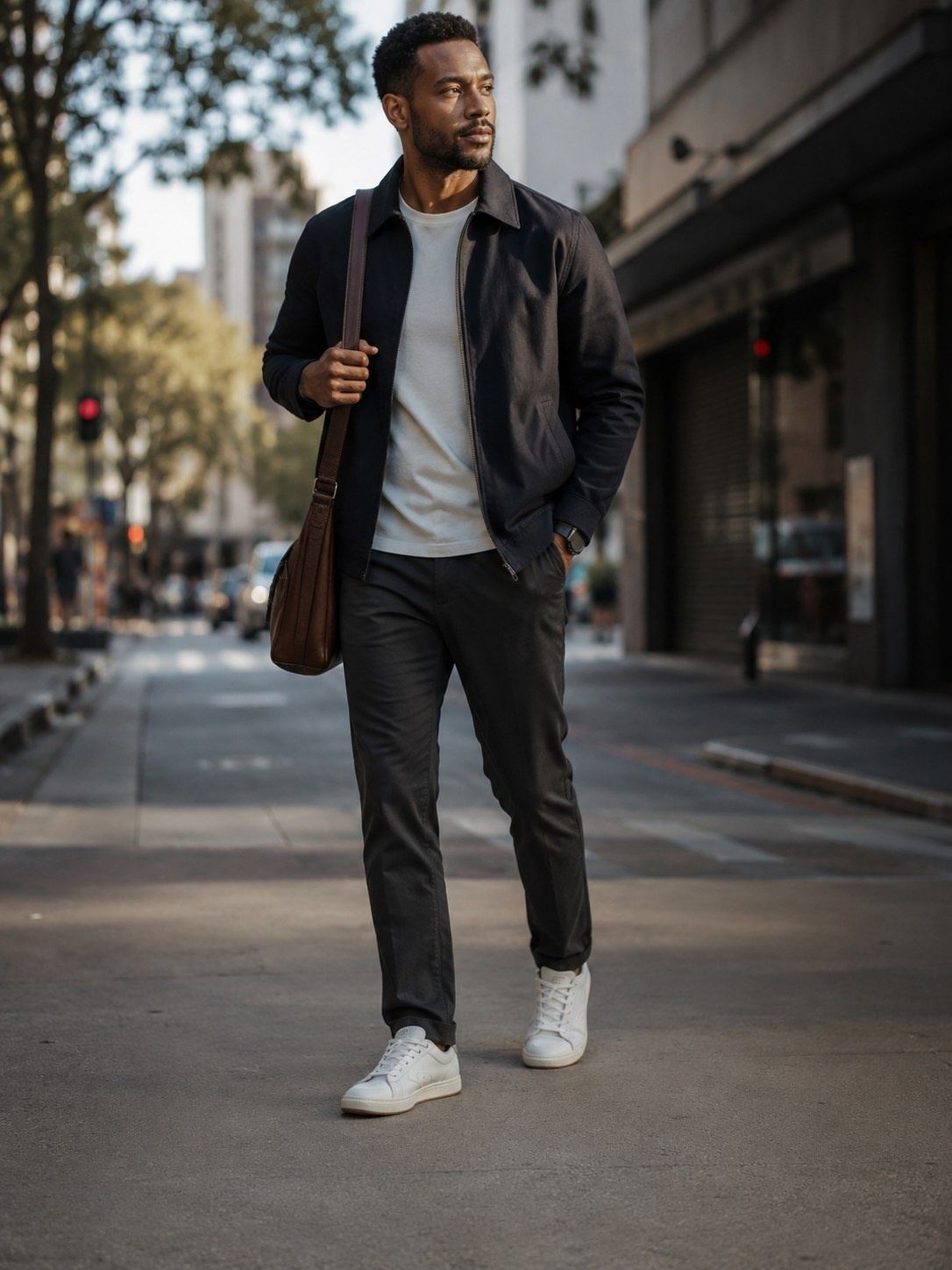 Pessoa em look completo de moda casual em rua movimentada