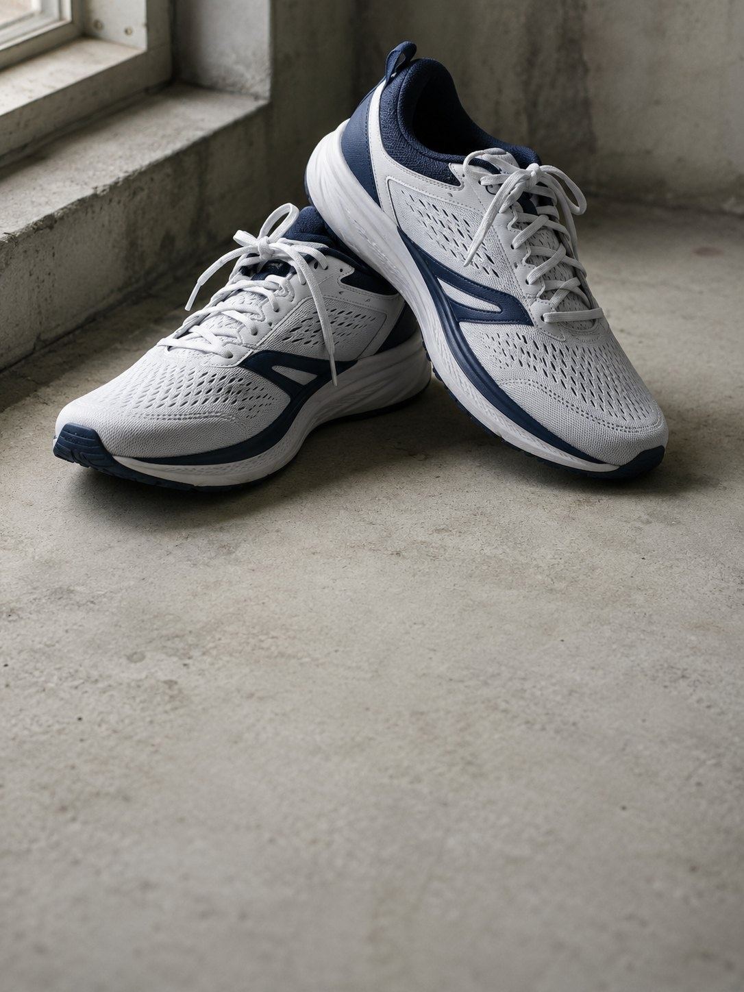 Par de tênis esportivos brancos com detalhes azul-marinho