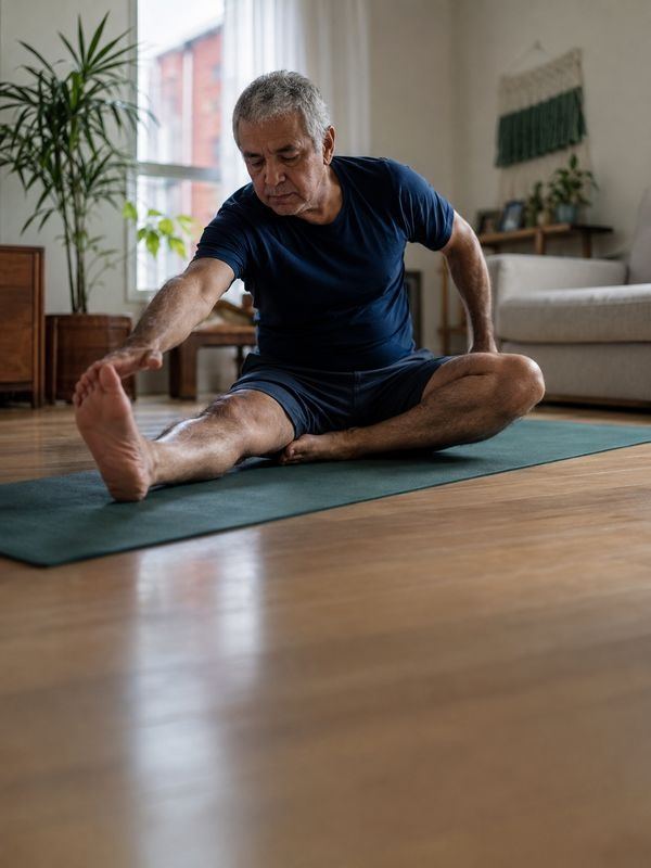 Homem alongando em tapete de yoga em casa