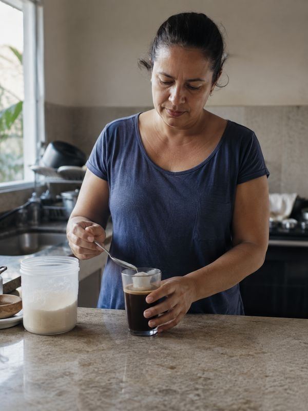 Mulher preparando uma bebida com suplemento em uma cozinha